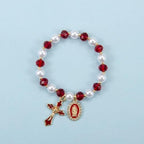 Stretchy Virgin Mary Bracelet with Cross Charm - Multi-Color Pearl Crystal Beaded Catholic Religious Jewelry for Women, Christian Gift for Baptism Confirmation First Communion