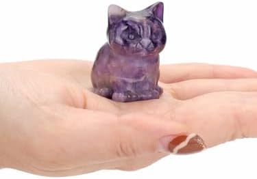 Jovivi 1.5" Amethyst Cystal Cat Statue Natural Stone Carved Cute Pocket Sitting Cat Figurines Sculpture Home Desk Christmas Decorations Gifts