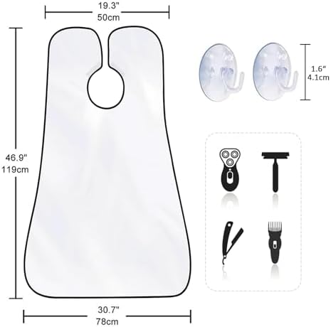 Beard Bib Apron for Men, Father's Day Gift Beard Trimming Catcher Bib for Shaving & Hair Clippings, Waterproof Non-Stick Hair Catcher Grooming Cloth with 2 Suction Cups(White)