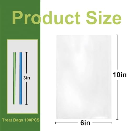 100PCS Thick Cellophane Treat Bag 6x10 Inches Clear Cellophane Gift Bags with Twist Ties Clear Party Favor Bag for Cookie Candy Goodie Bakery Packaging Favor