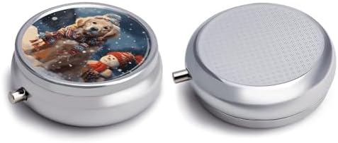 Merry Christmas Cute Dog Snowman Pill Box Portable Mini Travel Pill Organizer Holder 3 Compartment Decorative Round Pills Case Exquisite Daily Vitamin Container for Cod Liver Oil