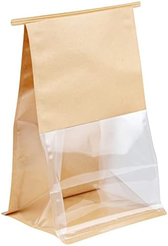 Restaurantware-Bag Tek 6.3 x 5.1 x 10.2 Inch Tin Tie Bags With Windows, 100 Resealable Bakery Bags With Windows - Flat Bottom, For Cookies or Coffee Beans, Kraft Cotton Paper Tin Tie Bags