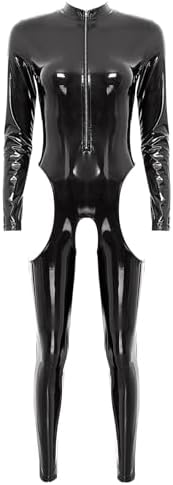 Women's Patent Leather Hollow Out Skinny Jumpsuit Open Cup Breast Exposing Latex Catsuit