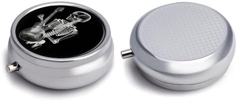 Metal Round Pill Box 3 Compartment, Cute Portable Travel Pill Organizer Small Abstract X-ray Skull Skeleton Playing Guitar Pill Case for Pocket Purse Pill Container Medicine Organizer Box Daily Vitami