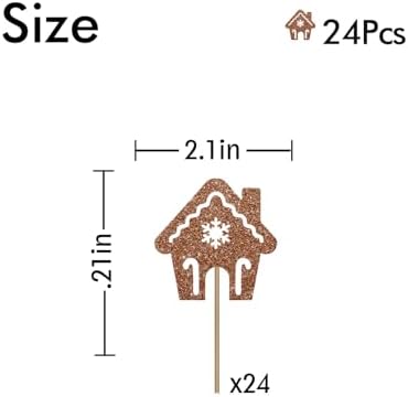 24PCS Christmas Cupcake Toppers, Gingerbread House Cupcake Toppers, Gingerbread Man Cupcake Picks for Christmas, Christmas Holiday/Winter Wonderland Party Decoration - Brown Glitter