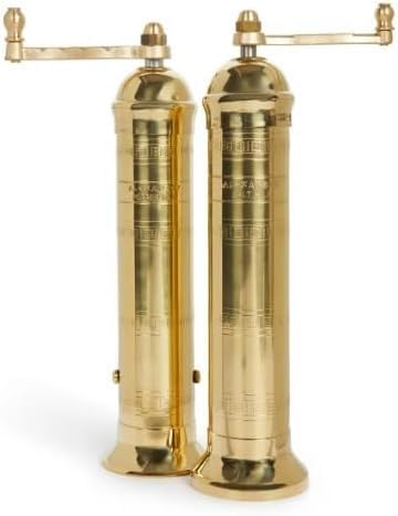 The European Authentic Greek Brass 2-Piece Pepper 7.5" & Salt 9" Grinder Mill Set - Exquisite Gold Vintage Design, Adjustable Grind, Elegant Kitchen Gift Shaker