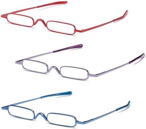 Pocket Reading Glasses with Pen Clip Case - Slim Mini Compact Readers Portable Spring Hinge Eyeglasses (Red, Purple, Blue, +2.50)
