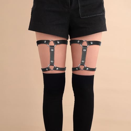 2 Rows Thigh Garters for Women, Leather Leg Harness Adjustable Garter Belt Elastic Thigh Ring Garter Punk Gothic Strap Body Chain Accessories Harness for Leg Women Fashion, Black