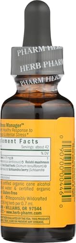 Herb Pharm Stress Manager: Adaptogenic Stress Support Tincture, Rhodiola Rosea, Holy Basil Extract, Reishi Mushroom Extract, Adrenal Function Support, Optimal Energy, Vegan, Non-GMO, 1 Oz*