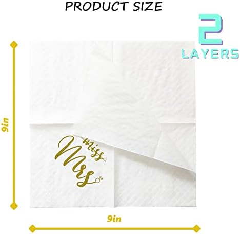 Bridal Shower Cocktail Napkins, 100 Pack Gold From Miss To Mrs Disposable Paper Napkins in Bulk for Bridal Shower Engagement Wedding Bachelorette Table Decorations| 2-Ply, 5x5 Inches (Miss Mrs)
