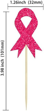 Gyufise 24Pcs Ribbon Breast Cancer Awareness Cupcake Toppers Glitter Pink Ribbon Fight Hope Believe Breast Cupcake Picks for Pink Ribbon Breast Cancer Party Cake Decorations Supplies Rose Red