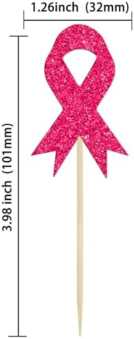 Gyufise 24Pcs Ribbon Breast Cancer Awareness Cupcake Toppers Glitter Pink Ribbon Fight Hope Believe Breast Cupcake Picks for Pink Ribbon Breast Cancer Party Cake Decorations Supplies Rose Red