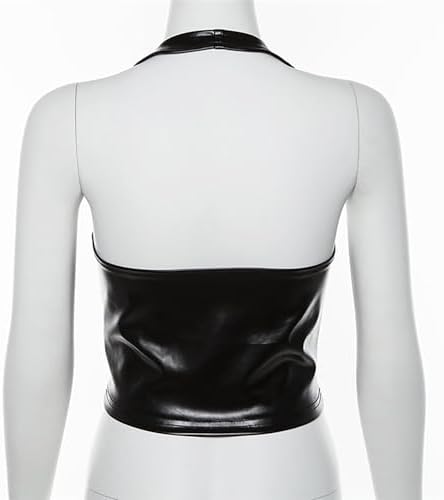 Leather Tops for Women Sexy Faux PU Halter Crop Tank Top Bustier Lace-up Straps Lingerie Deep V Neck Wet Look Bodycon