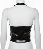 Leather Tops for Women Sexy Faux PU Halter Crop Tank Top Bustier Lace-up Straps Lingerie Deep V Neck Wet Look Bodycon
