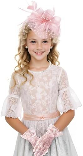 Girls Tea Party Fascinators Hats with Lace Gloves Pearl Necklace Earring Jewelry for Tea Party Wedding Accessories