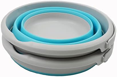 SAMMART 5.5L (1.4 Gallon) Collapsible Plastic Bucket - Foldable Round Tub - Portable Fishing Water Pail - Space Saving Outdoor Waterpot (Grey/Cyanine (Set of 2))