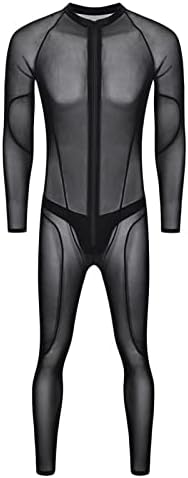 Mens Full Body Stockings Sexy Fishnet Lingerie Mesh Zipper Crotch Long Sleeve Bodysuits One Piece Jumpsuit Nightwear (Black,Medium)
