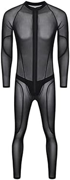 Mens Full Body Stockings Sexy Fishnet Lingerie Mesh Zipper Crotch Long Sleeve Bodysuits One Piece Jumpsuit Nightwear (Black,Medium)
