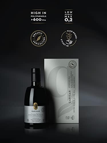 Garisar High In Polyphenol Premium Extra Virgin Olive Oil (>600 ppm), Low Acidity (Max 0.2%), NYIOOC 2025 Gold Medal Winner, Organic Agriculture Hand Picked, Cold Pressed, 100% Arbequina - Pack of 1