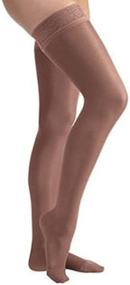 JOBST UltraSheer Thigh High with Lace Silicone Top Band, 15-20 mmHg Compression Stockings, Closed Toe, Medium, Suntan