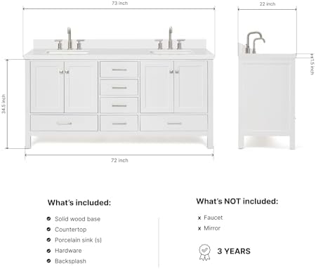 ARIEL Cambridge 72-inch Bathroom Vanity with Sink,Solid Wood, 1.5-inch Pure White Quartz Countertop & Backsplash, Double Rectangular Porcelain Sink, 4 Soft Closing Doors, 6 Dovetail Drawers, White