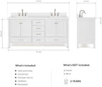 ARIEL Cambridge 72-inch Bathroom Vanity with Sink,Solid Wood, 1.5-inch Pure White Quartz Countertop & Backsplash, Double Rectangular Porcelain Sink, 4 Soft Closing Doors, 6 Dovetail Drawers, White