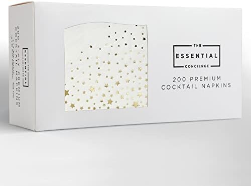 Stylish Gold Star Napkins, 200 3Ply Gold Cocktail Napkins, White and Gold Napkins, Disposable Party Napkins, 5x5 Inch Wedding Cocktail Napkins, Paper Cocktail Napkins, Bridal Shower Napkins