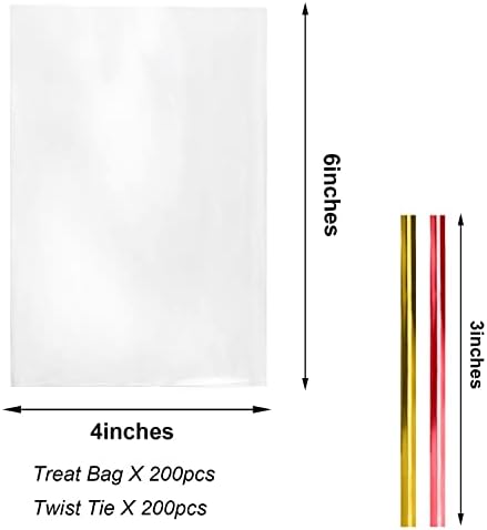 Morepack Cello Cellophane 4x6 Inches Cookie Bags 200 Pcs OPP Plastic Clear Treat Bags with 200 Twist Ties for Gift Wrapping,Packaging Candies,Dessert,Bakery,Chocolate,Party Favors