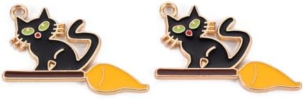 10Pcs Halloween Cat with Broom Charms Jewelry Findings Pendant Ornament Alloy Enamel Pendants for Necklace Bracelet Jewelry Making, Lime, 19.5x34x1.5mm, Hole: 2mm