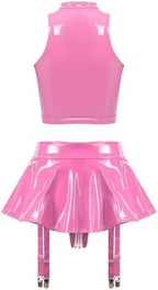 TiaoBug Women's Two Piece Glossy Latex Lingerie Set Front Cutout Crop Top and Flared Mini Skirt