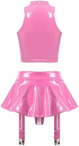 TiaoBug Women's Two Piece Glossy Latex Lingerie Set Front Cutout Crop Top and Flared Mini Skirt