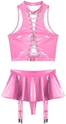 TiaoBug Women's Two Piece Glossy Latex Lingerie Set Front Cutout Crop Top and Flared Mini Skirt