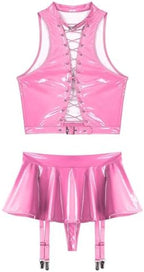 TiaoBug Women's Two Piece Glossy Latex Lingerie Set Front Cutout Crop Top and Flared Mini Skirt