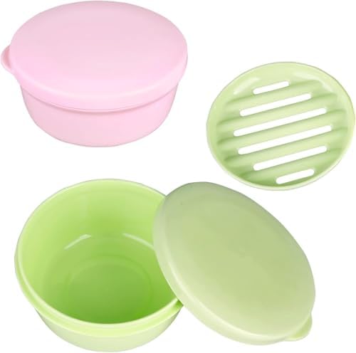 Plastic Soap Container, Soap Bar Holder Travel Case Portable Round Soap Dishes with Lid Leak-Proof Soap Box for Shampoo Bar (Pink & Green)