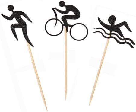 Morndew 24 PCS Black Glitter Triathlon Cupcake Toppers Swimming Running Cycling Picks for Sports Theme Party Anniversary Party Birthday Party Baby Shower Wedding Party Decorations