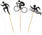 Morndew 24 PCS Black Glitter Triathlon Cupcake Toppers Swimming Running Cycling Picks for Sports Theme Party Anniversary Party Birthday Party Baby Shower Wedding Party Decorations