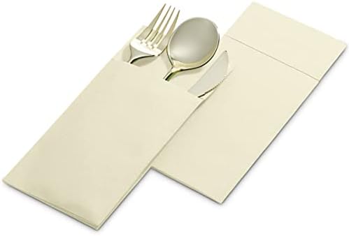 50-Pack Disposable Linen-Feel Dinner Napkins with Built-in Flatware Pocket, CREAM Prefolded Cloth Like Paper Napkins For Dinner, Wedding Or Party [Silverware NOT Included]