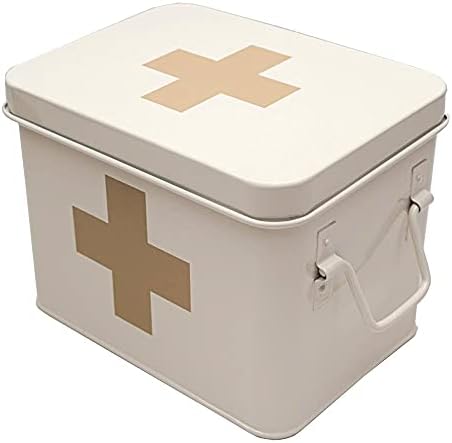 Lassos Boutique Retro Enameled First Aid Box for Medicine Storage and Home Decor with Lid and Removable Tray