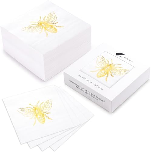 WRAPAHOLIC 50Pcs Bee Wedding Napkins - 3-Ply Gold Foil Bee Disposable Paper Luncheon Napkin for Engagement Wedding Party Supplies Tableware - 6.5 x 6.5 In