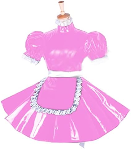 Lockable PVC Dress Short Puff Sleeve Outfit Crossdresser Plus Size Sissy Dress,Pink,L