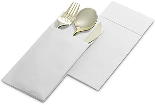 50-Pack Disposable Linen-Feel Dinner Napkins with Built-in Flatware Pocket, WHITE Prefolded Cloth Like Paper Napkins For Dinner, Wedding Or Party [Silverware NOT Included]