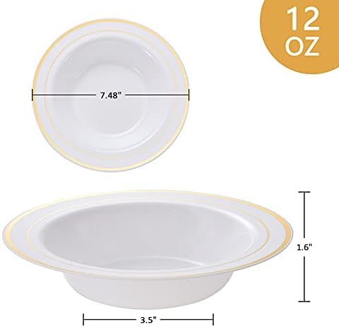 N9R 60PCS Disposable Plastic Bowls with Gold Rim, 12 oz Fancy White Plastic Bowls, Premium Dessert Salad Bowls Perfect for Party, Wedding and Everyday Use
