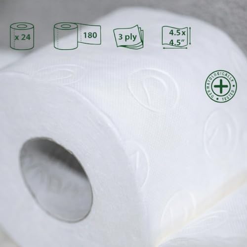 Renova Grand Purissimo White Toilet Paper 24 Rolls, 3-Ply, Fragrance-Free, 180 Sheets/Roll, 4.5 x 4.5 in Wide Sheets, FSC Certified, Dermatologically Tested