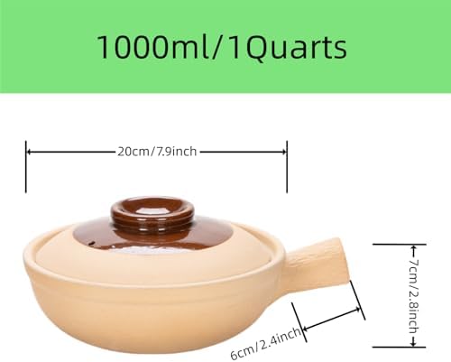 XICHENGSHIDAI Ceramic Clay Pot with Handle, Casserole Stew Pot with Lid, Stockpot Cookware Heat-resistant Dish with Handle -1000ml/1Quarts