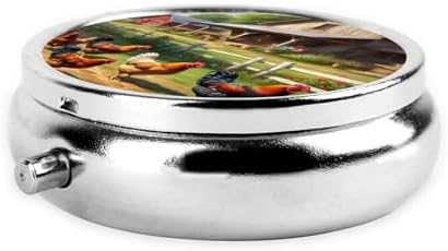 ZhongGuo Chickens and Farm Printed Pill Organizer,Round Travel Pill Organizer Mini Medicine Pill Box for Purse Iron Plating