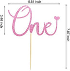 One Cake Topper with Heart Baby First Birthday Cake Decorations for Baby Shower Boys Girls Kids 1st Birthday Party Decorations Supplies - Pink Glitter
