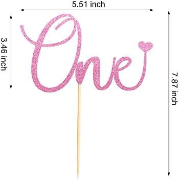 One Cake Topper with Heart Baby First Birthday Cake Decorations for Baby Shower Boys Girls Kids 1st Birthday Party Decorations Supplies - Pink Glitter