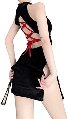 Women High Slit Cheongsam Long Dress Hot Cosplay Lingerie for Women Qipao Sexy Nightdress Pajamas Black