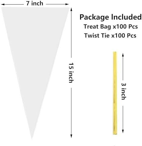 7x15 Inches Cone Shaped Treat Bags, 100 Pcs Clear Cellophane Treat Bags Plastic Cone Triangle Carrot Shaped with Ties for Graduation Candy Popcorn Bag Cookies Snack Party Favor Gift Pouches Decorations