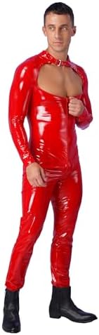 Men's Wet Look PVC Leather Front Zipper Long Sleeves Catsuit Bodysuit Jumpsuit Clubwear